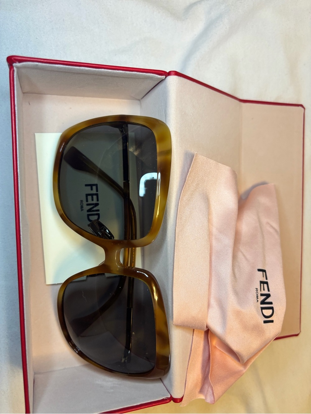 Fendi Olive Tortoiseshell Square Sunglasses with Pink Pouch